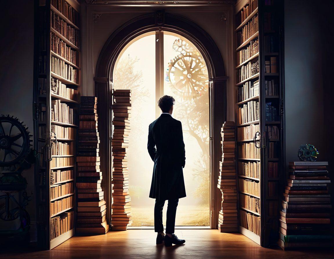 A person standing at a crossroads, symbolizing choices in career paths, surrounded by books and gears representing knowledge and development. A bright light illuminating a door in the background, signifying opportunity and potential. The scene is infused with motivational quotes subtly integrated into the landscape. soft focus, vibrant colors, inspirational atmosphere, dreamy style.