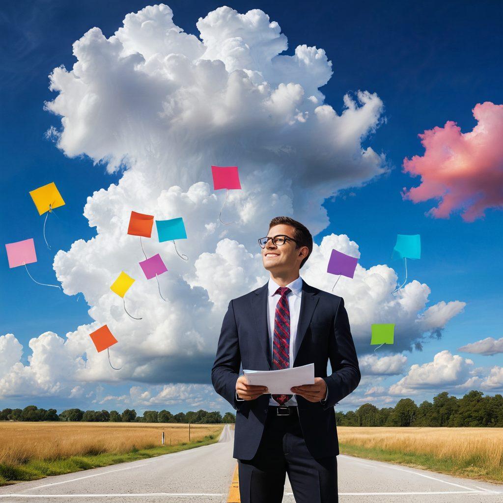 A confident job seeker standing at a crossroads, surrounded by a vibrant array of CVs and interview tips floating like clouds. In the background, a supportive mentor figure guides them with a checklist for success, emphasizing teamwork. The scene radiates positivity and upward momentum, showcasing elements like a computer, notepad, and friendly faces to symbolize collaboration. super-realistic. vibrant colors. white background.