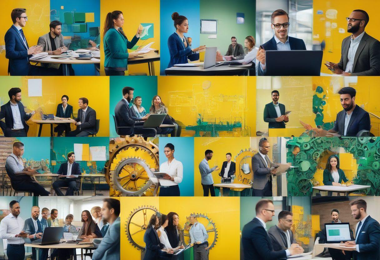 A vibrant collage illustrating a diverse group of professionals engaging in workshops and networking events, showcasing people of different backgrounds exchanging ideas, writing notes, and using technology. Include visual metaphors like unlocked doors and interconnecting gears to symbolize growth and collaboration. The environment should feel dynamic and inspiring, with a mix of energetic colors that evoke motivation. super-realistic. vibrant colors. soft focus background.